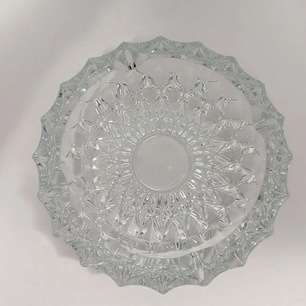 ​Vintage Clear Crystal Ashtray Heavy Diamond Cut Pattern Round Mid Century
